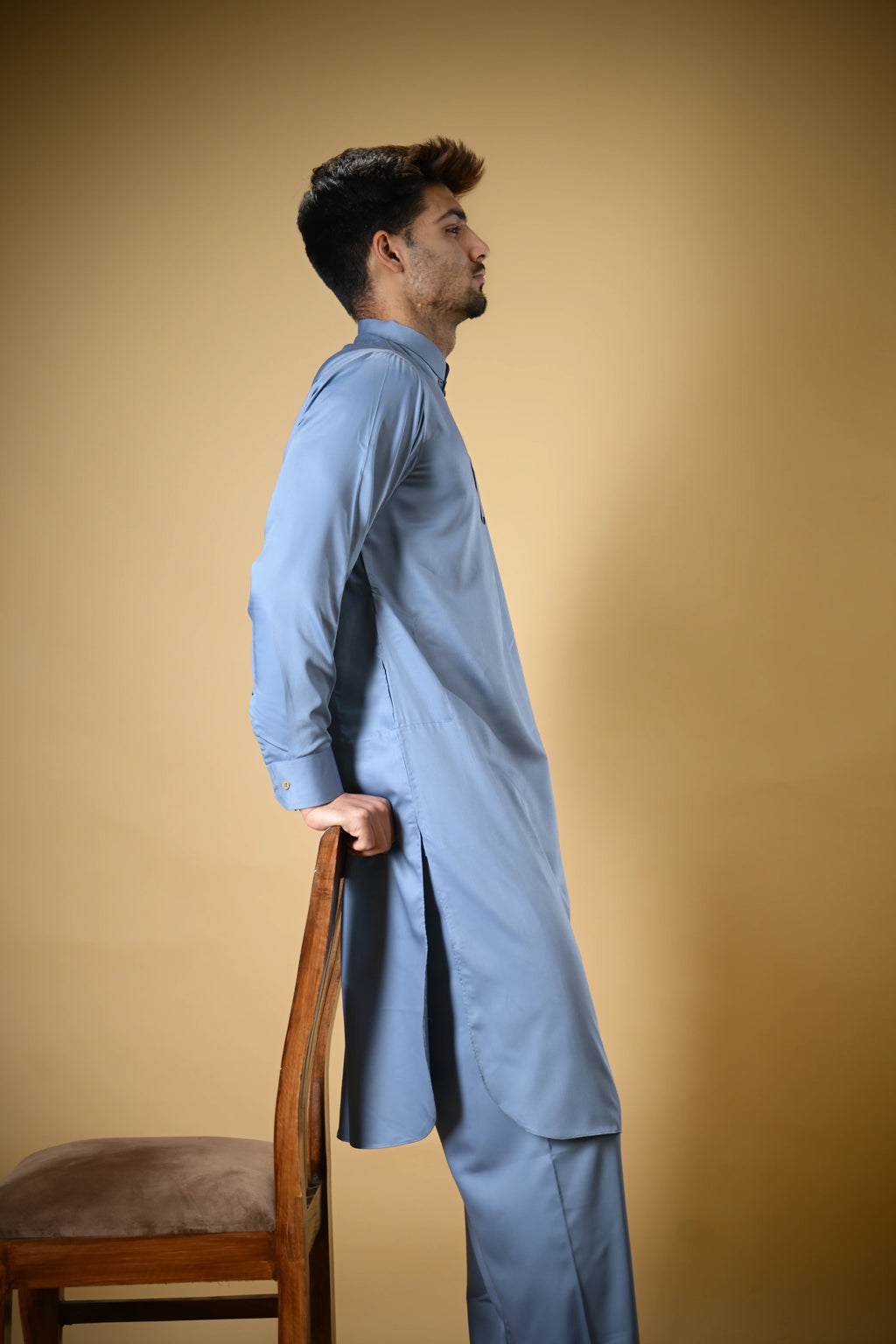 Slate Blue Luma Mandarin Collar Kameez Shalwar