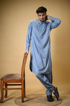 Slate Blue Luma Mandarin Collar Kameez Shalwar