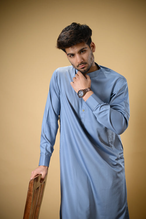 Slate Blue Luma Mandarin Collar Kameez Shalwar