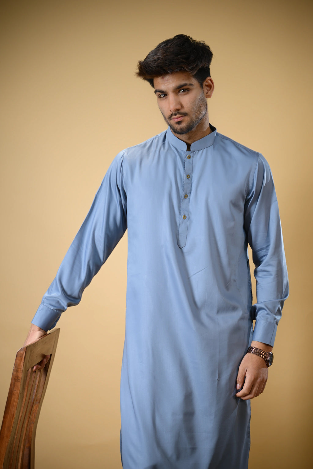Slate Blue Luma Mandarin Collar Kameez Shalwar