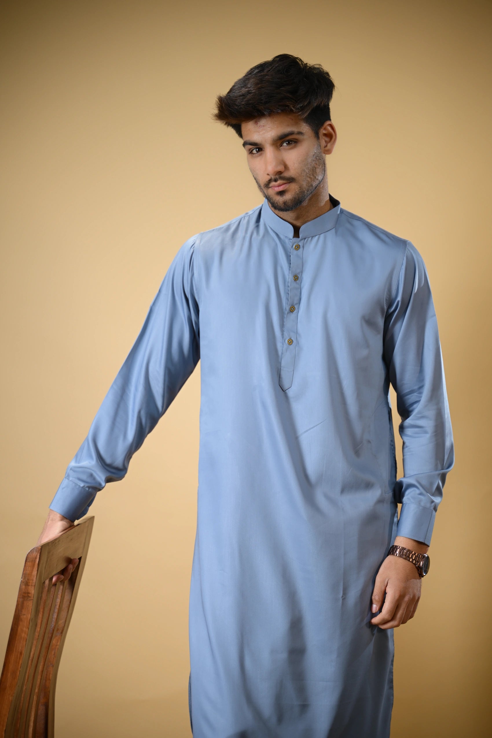 Slate Blue Luma Mandarin Collar Kameez Shalwar