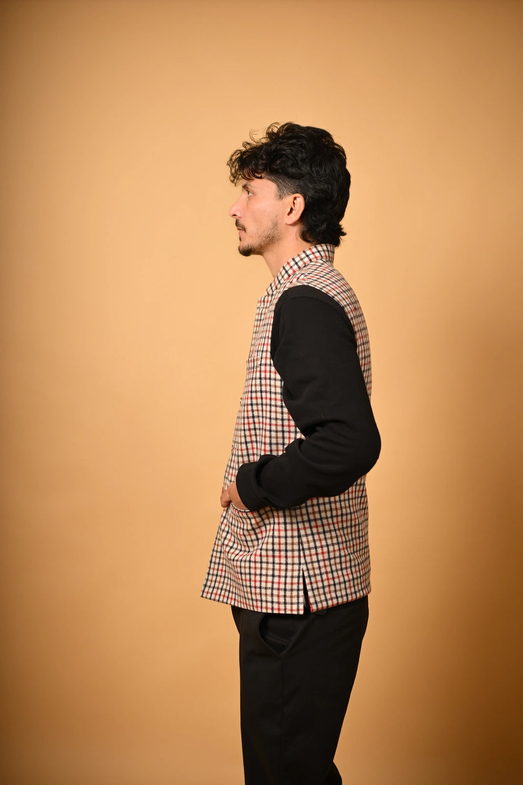 Soft Camel Brown Herringbone Woollen Waistcoat for men
