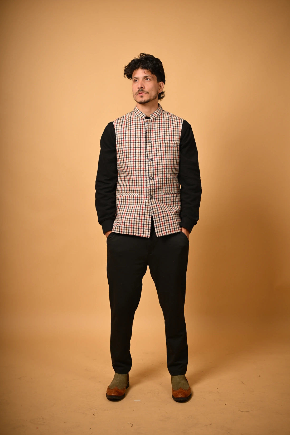 Soft Camel Brown Herringbone Woollen Waistcoat for men
