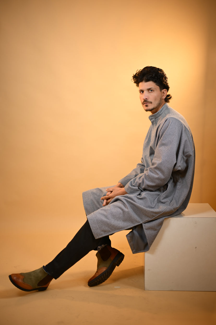 Steel Grey Dotted winter Pheran for men 
