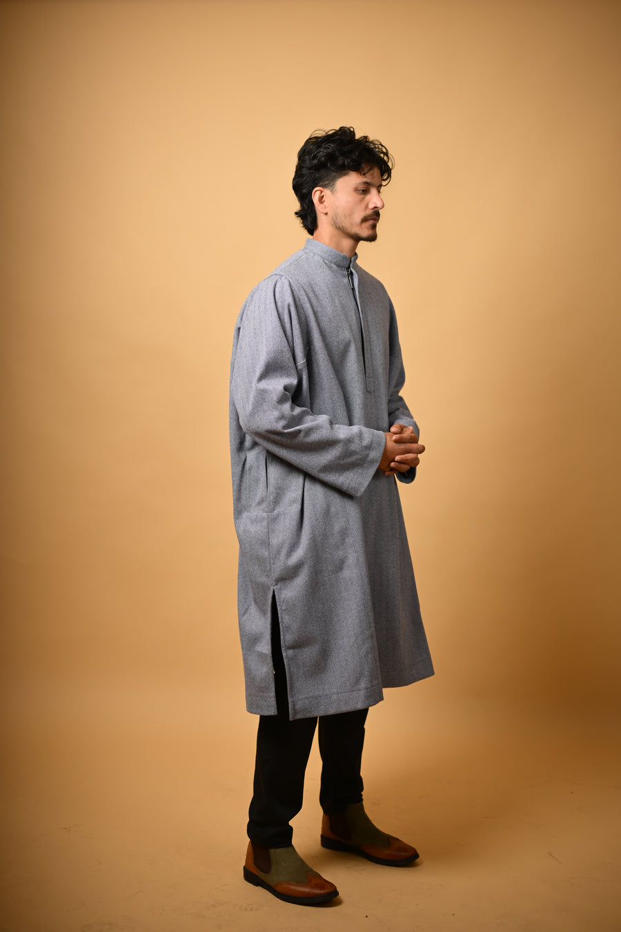 Steel Grey Herringbone winter Pheran for men 
