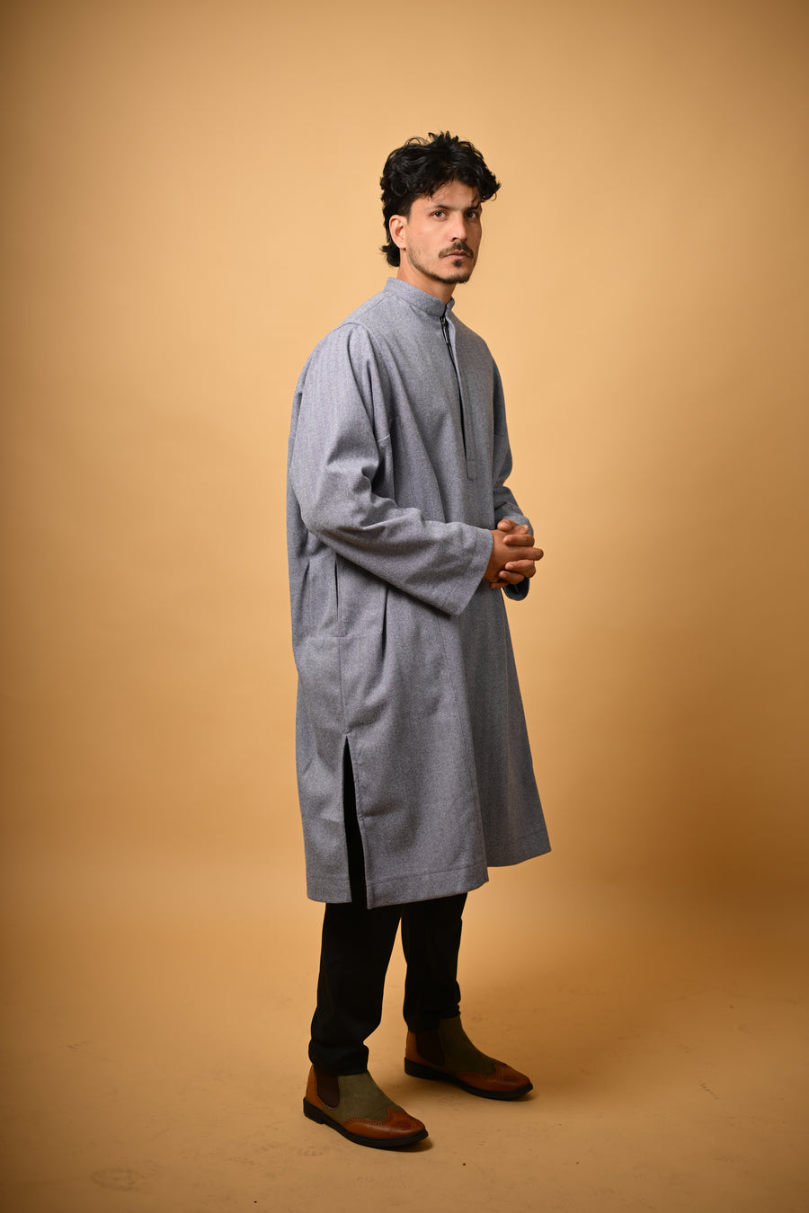 Steel Grey Herringbone winter Pheran for men 
