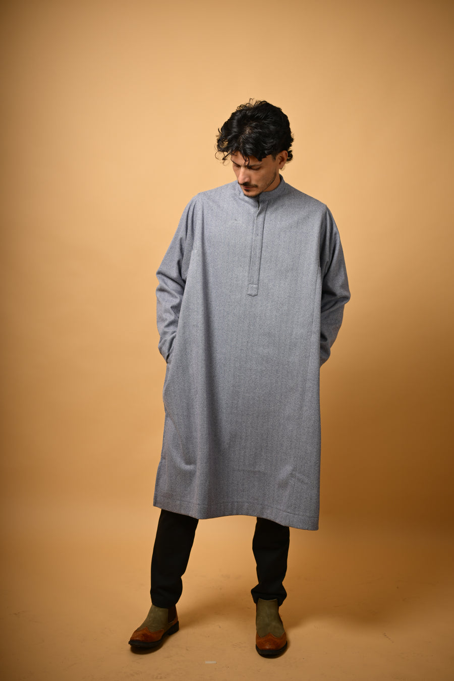 Steel Grey Herringbone winter Pheran for men 
