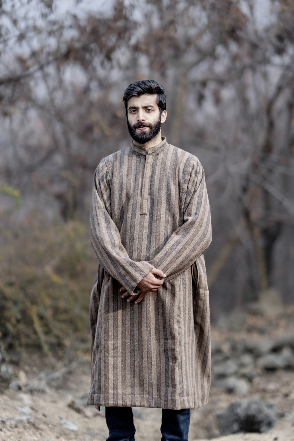 baraqah stripped herringbone brown winter pheran for men