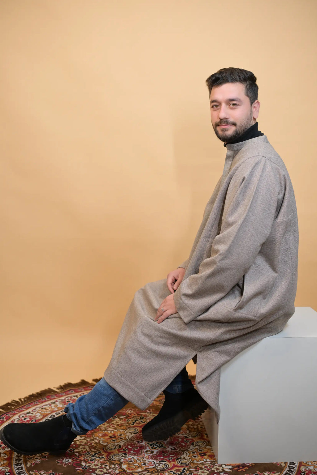 baraqah tea pink dotted winter pheran for men 