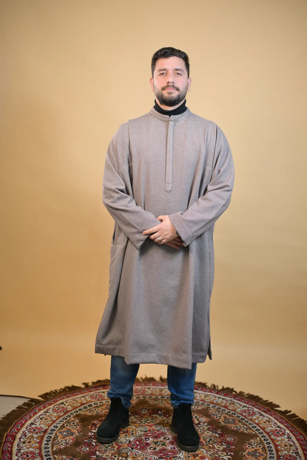 baraqah vibrant tea pink dotted winter pheran for men 