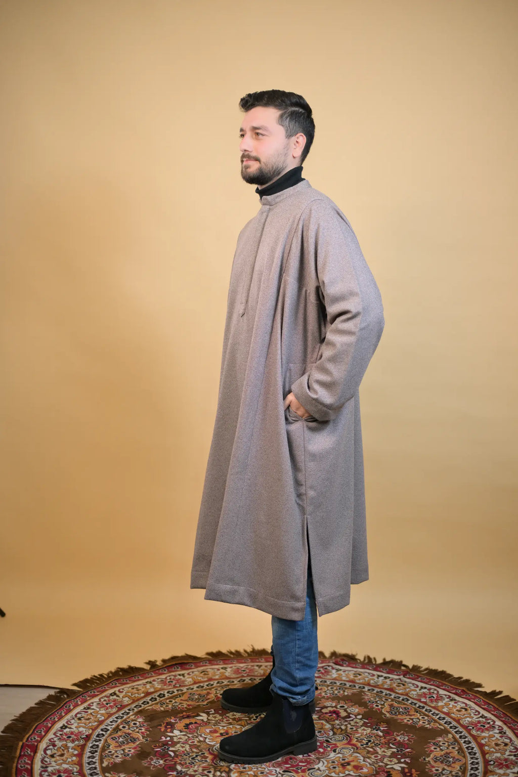 baraqah vibrant tea pink dotted winter pheran for men 