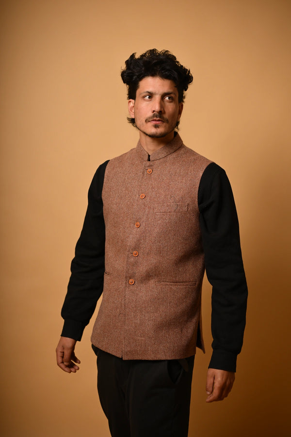 Soft Camel Brown Herringbone Woollen Waistcoat for men
