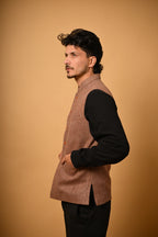 Soft Camel Brown Herringbone Woollen Waistcoat for men
