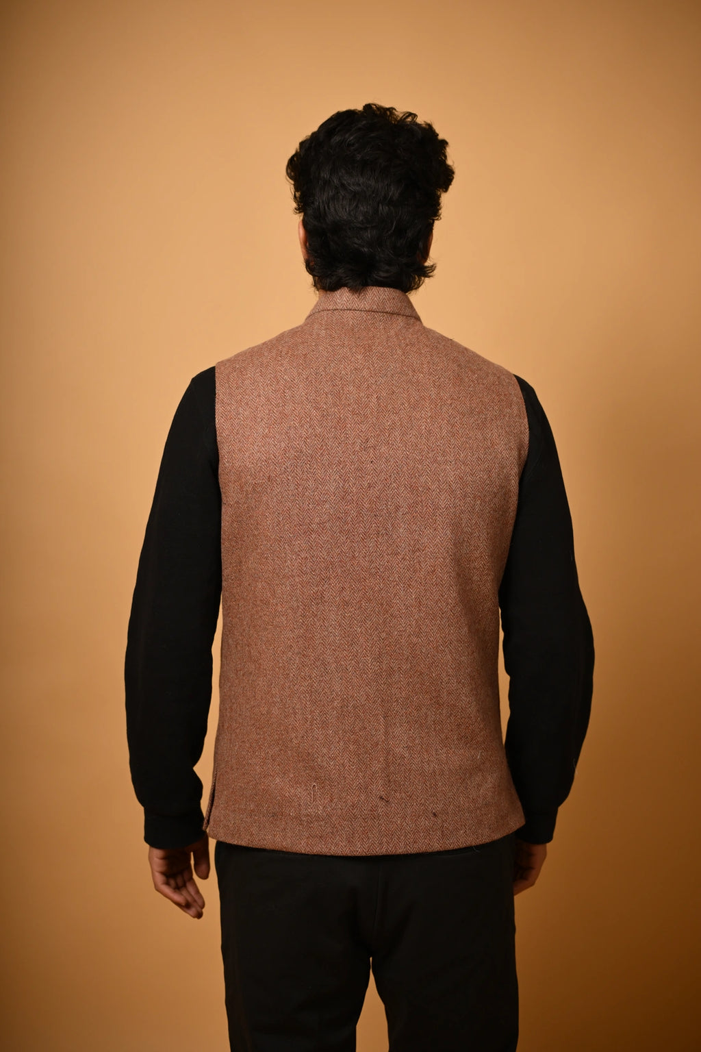 Soft Camel Brown Herringbone Woollen Waistcoat for men
