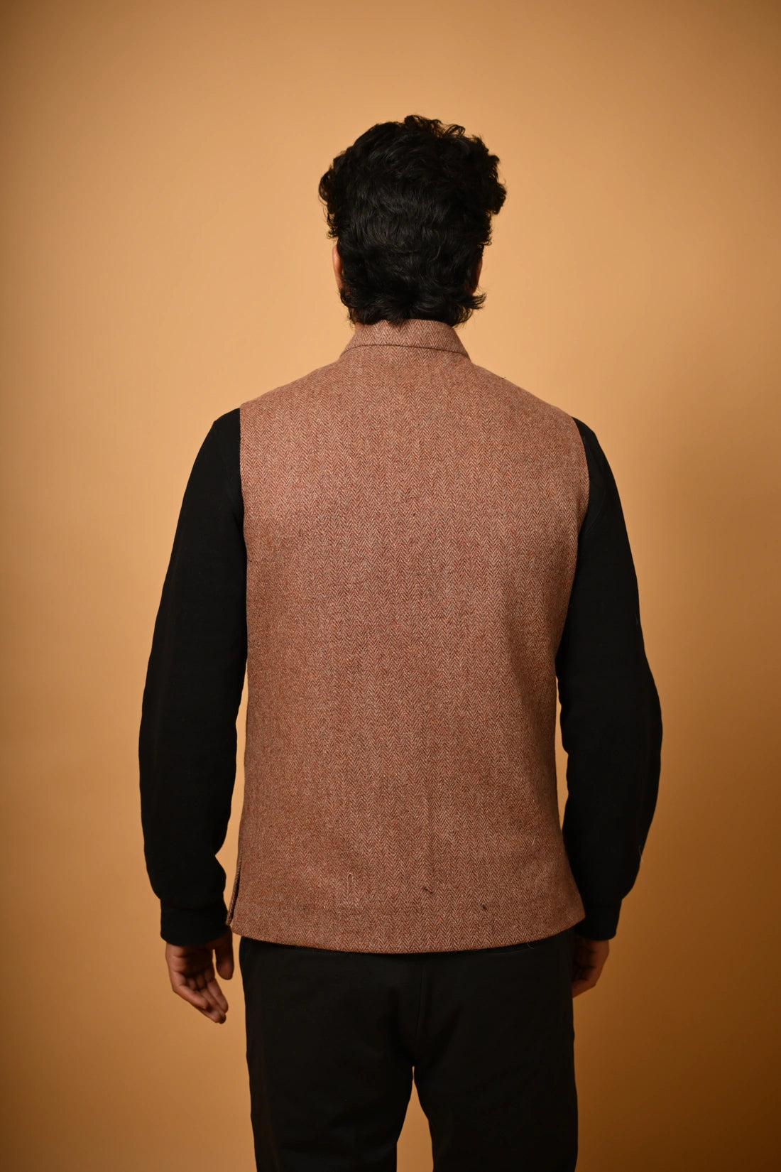 Soft Camel Brown Herringbone Woollen Waistcoat for men
