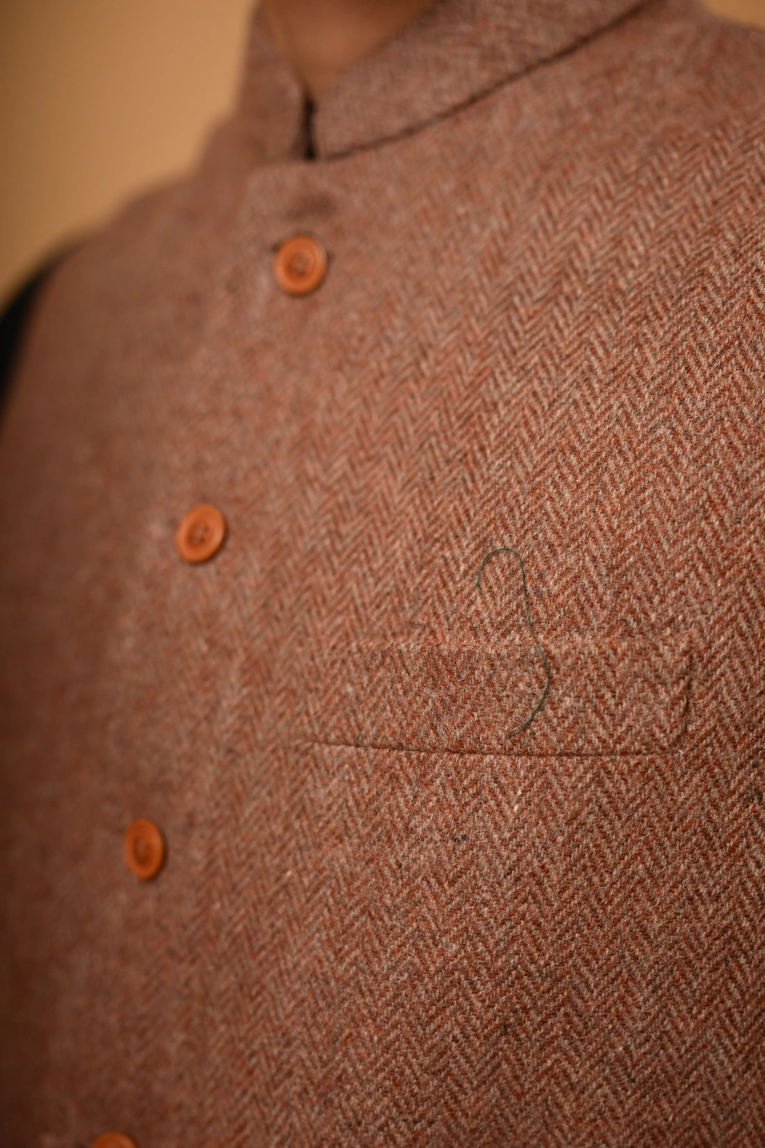 Soft Camel Brown Herringbone Woollen Waistcoat for men
