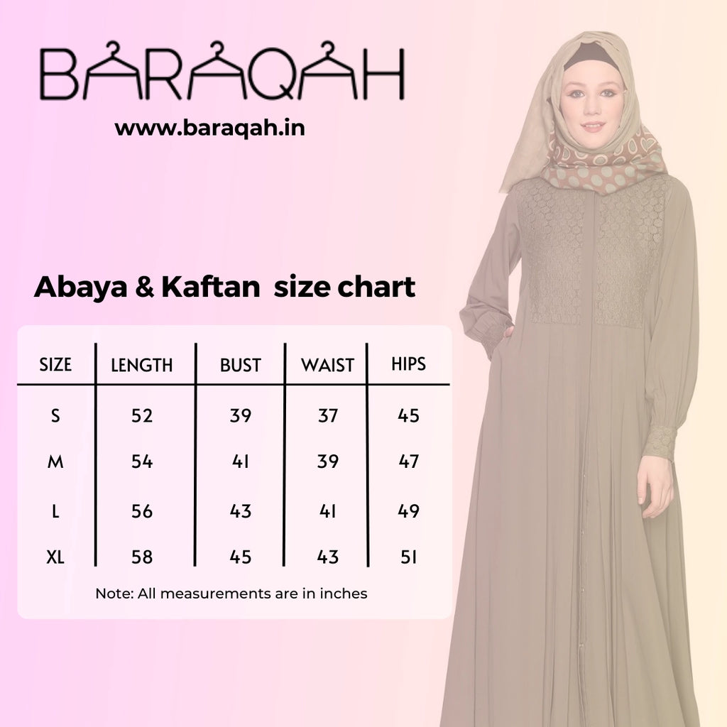 baraqah female kaftan abaya size chart