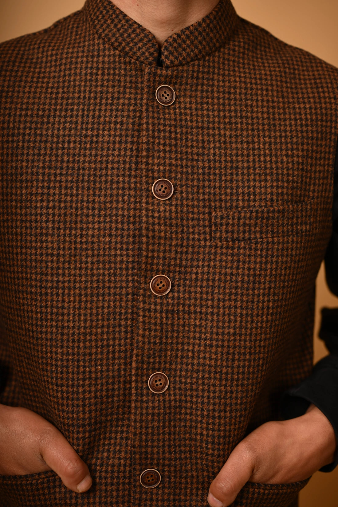 Coffee Brown Houndstooth Woollen Waistcoat for men 

