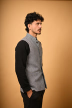 Sky Blue With Black Mini Check Woollen Waistcoat for men
