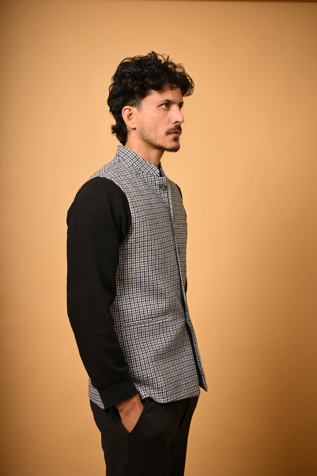 Sky Blue With Black Mini Check Woollen Waistcoat for men
