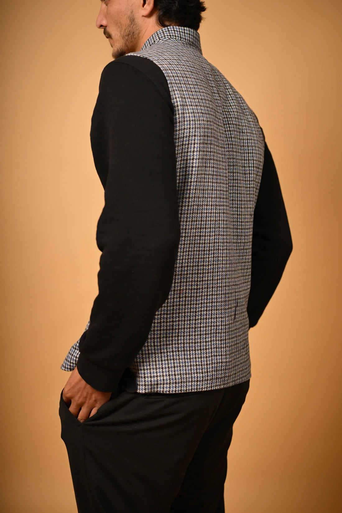 Sky Blue With Black Mini Check Woollen Waistcoat for men
