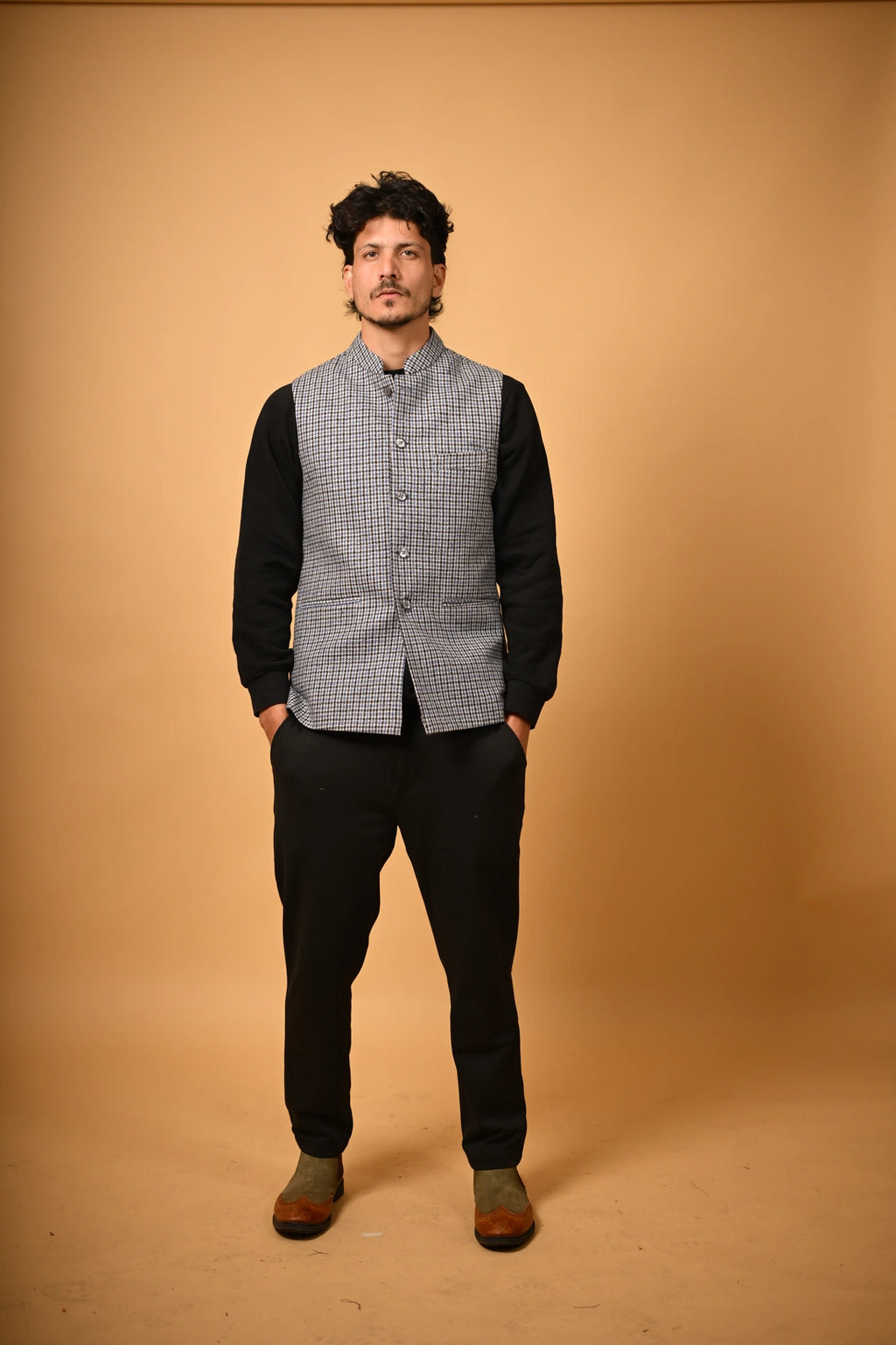 Sky Blue With Black Mini Check Woollen Waistcoat for men
