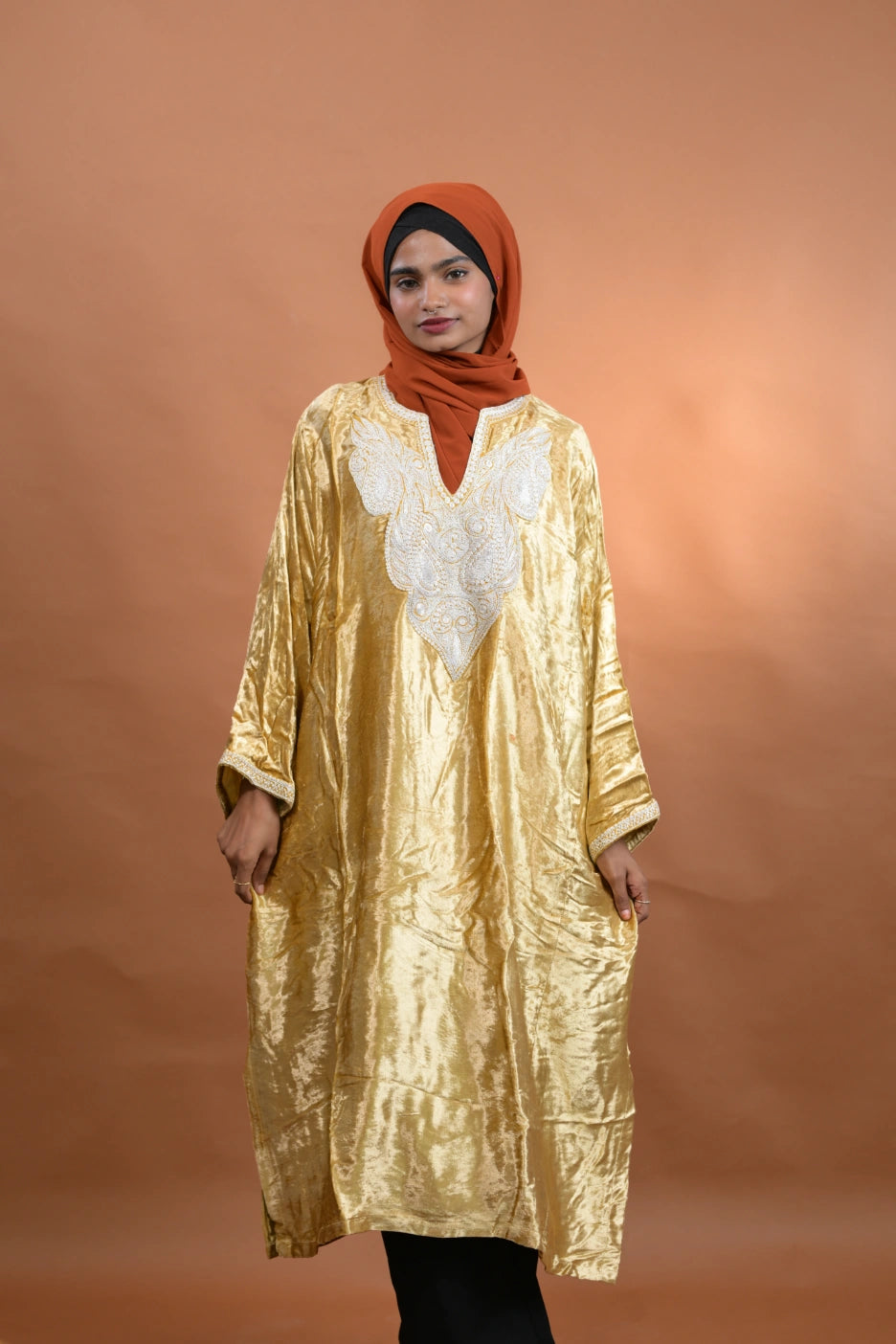 baraqah female golden velvet kashmiri traditional pheran for women