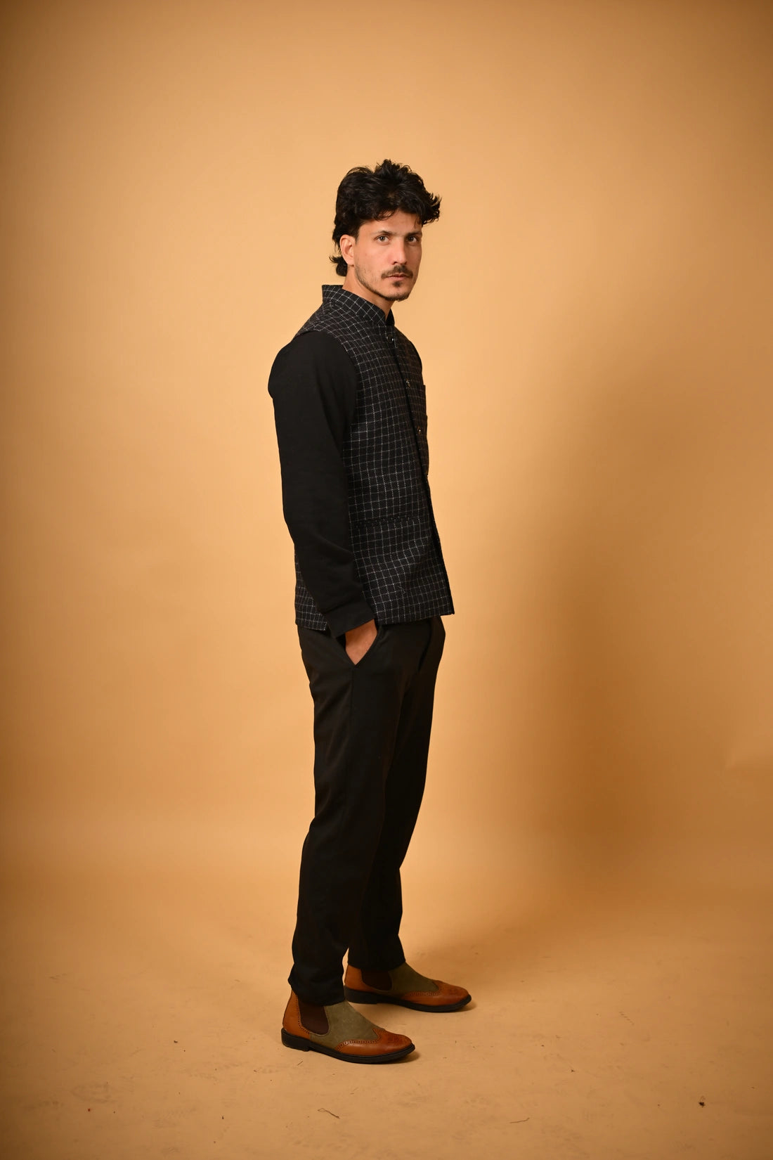 Black with White Micro Check Woollen Waistcoat for men 
