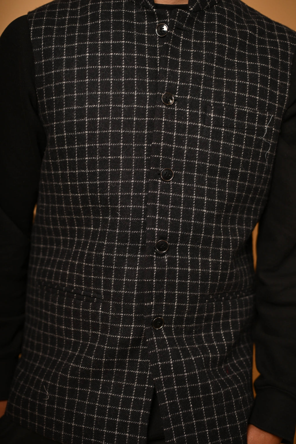 Black with White Micro Check Woollen Waistcoat for men 
