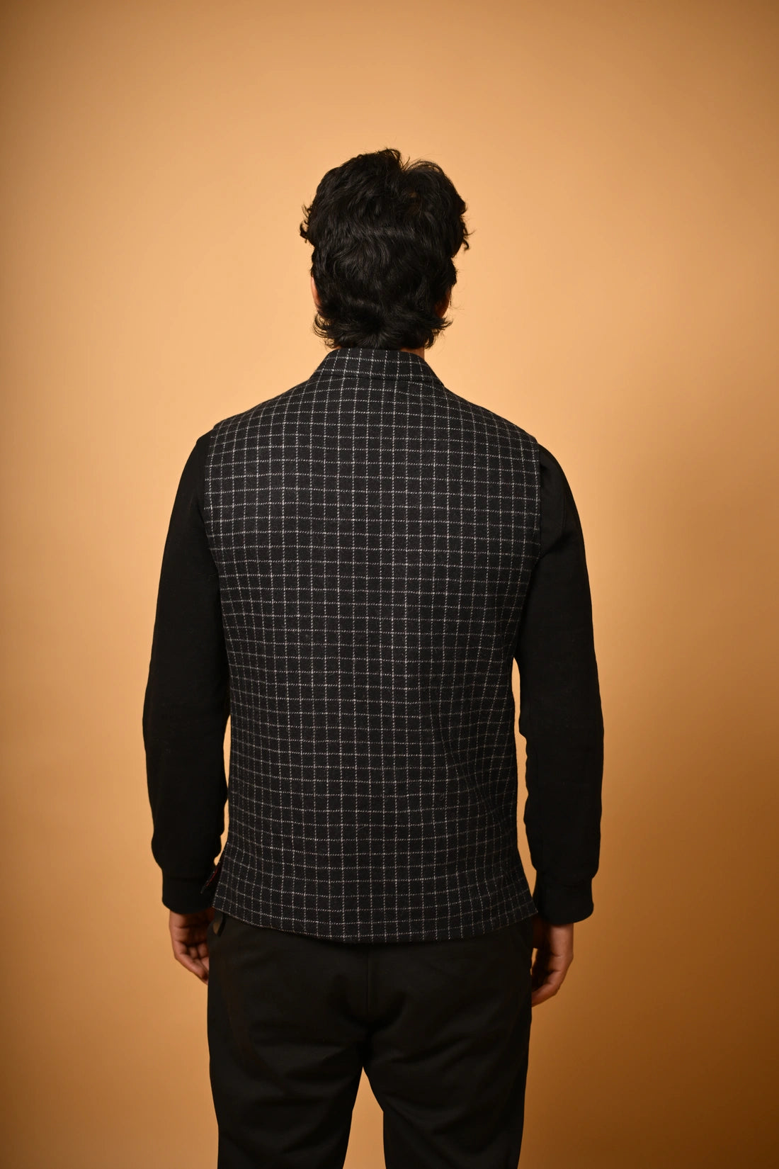 Black with White Micro Check Woollen Waistcoat for men 
