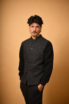 Black with White Micro Check Woollen Waistcoat for men 
