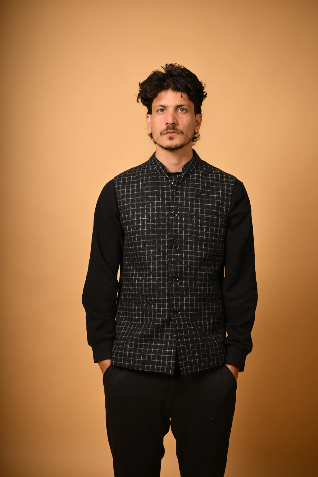 Black with White Micro Check Woollen Waistcoat for men 
