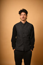 Black with White Micro Check Woollen Waistcoat for men 
