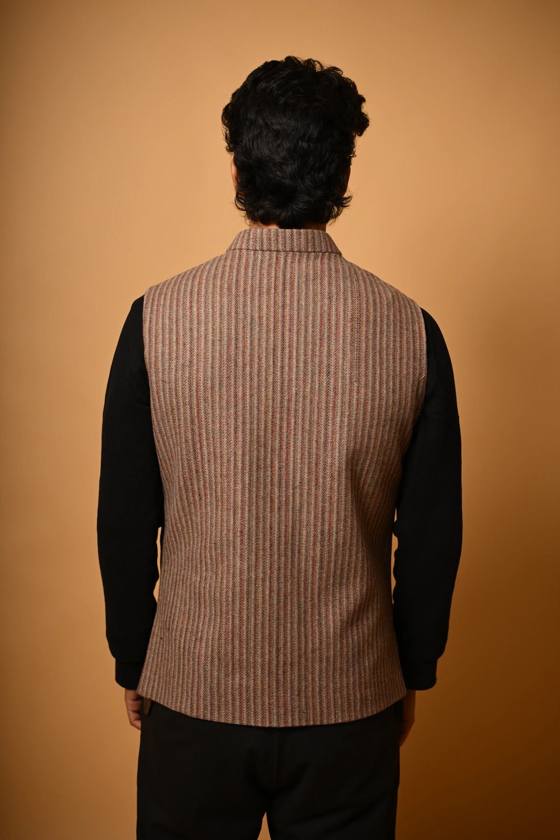 Warm Beige with Brown Pinstripes Woollen Waistcoat
