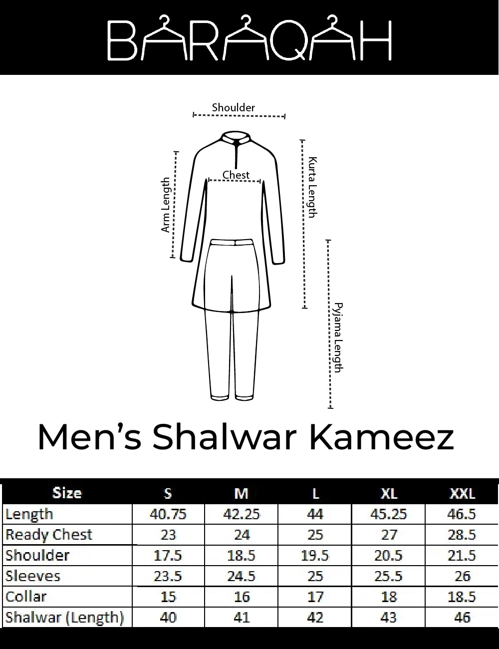 baraqah kameez shalwaar size chart