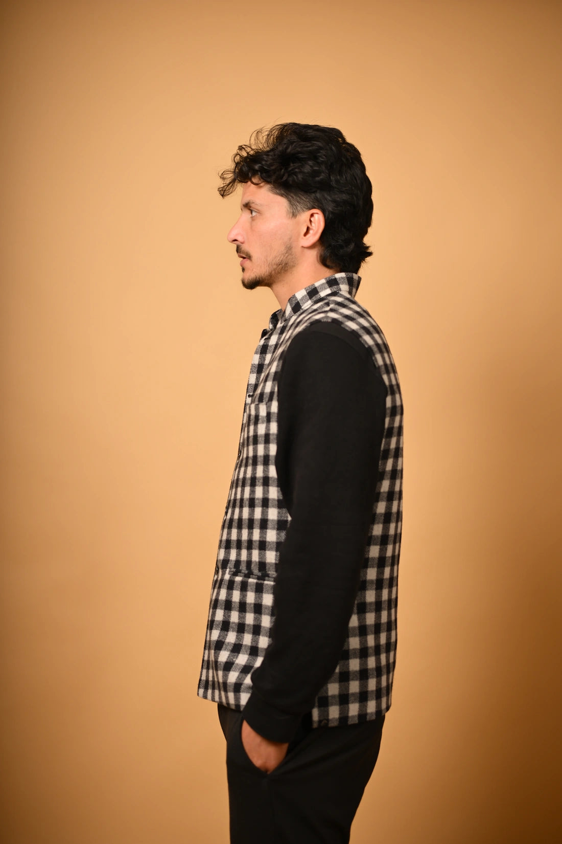 Black With White Bold Check Woollen Waistcoat for men
