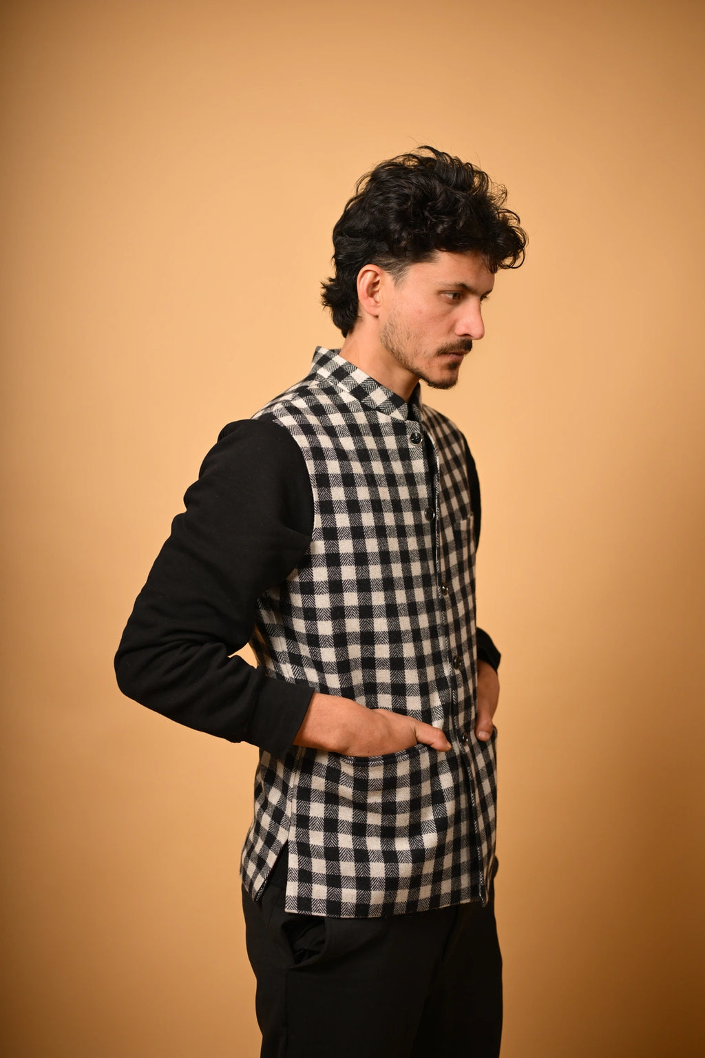Black With White Bold Check Woollen Waistcoat for men
