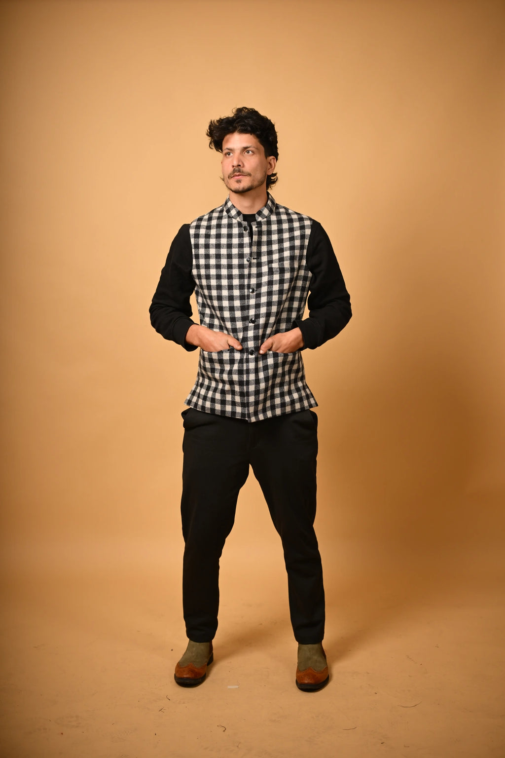 Black With White Bold Check Woollen Waistcoat for men
