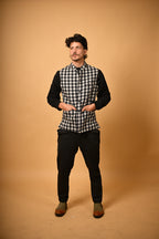 Black With White Bold Check Woollen Waistcoat for men
