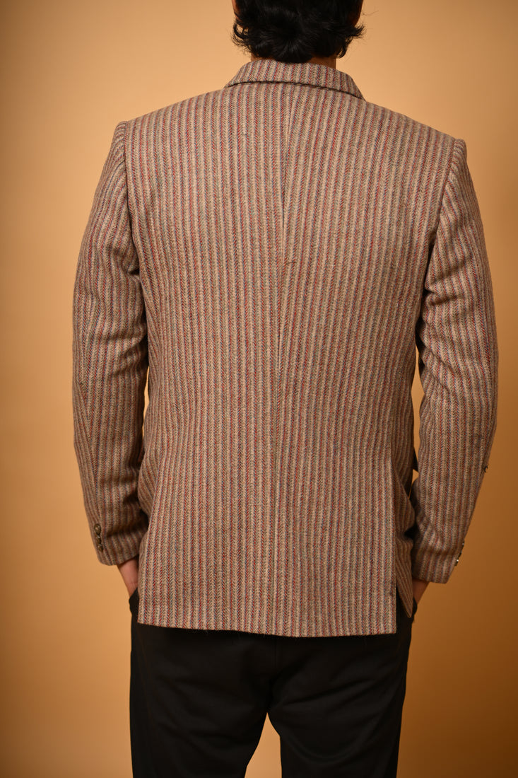 warm beige with brown pinstrips winter blazer for men
