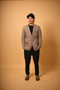 warm beige with brown pinstrips winter blazer for men