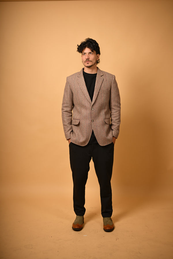 warm beige with brown pinstrips winter blazer for men