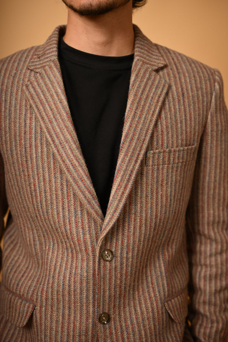 warm beige with brown pinstrips winter blazer for men